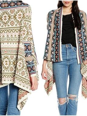 Springfield 100% Cotton Boho Open Front Aztec Cardigan Womens Size Medium